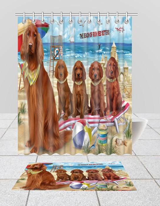 Pet Friendly Beach Irish Red Setter Dogs Bath Mat and Shower Curtain Combo