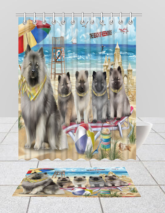 Pet Friendly Beach Keeshond Dogs Bath Mat and Shower Curtain Combo