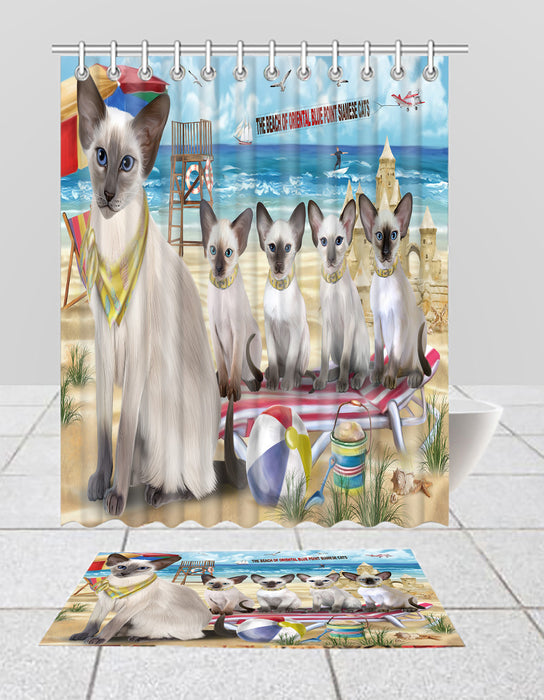 Pet Friendly Beach Oriental Blue Point Siamese Cats Bath Mat and Shower Curtain Combo