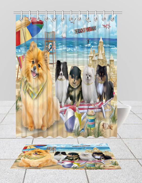 Pet Friendly Beach Pomeranian Dogs Bath Mat and Shower Curtain Combo