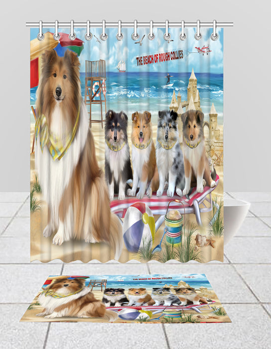 Pet Friendly Beach Rough Collie Dogs Bath Mat and Shower Curtain Combo