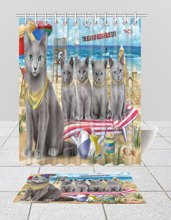 Pet Friendly Beach Russian Blue Cats Bath Mat and Shower Curtain Combo