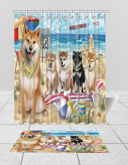 Pet Friendly Beach Shiba Inu Dogs Bath Mat and Shower Curtain Combo
