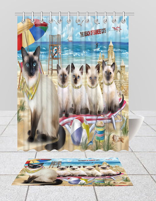 Pet Friendly Beach Siamese Cats Bath Mat and Shower Curtain Combo