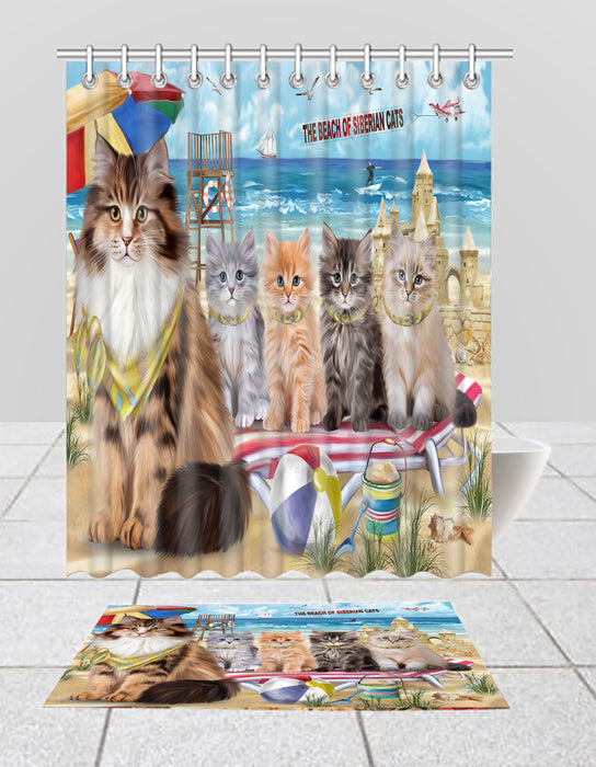 Pet Friendly Beach Siberian Cats Bath Mat and Shower Curtain Combo