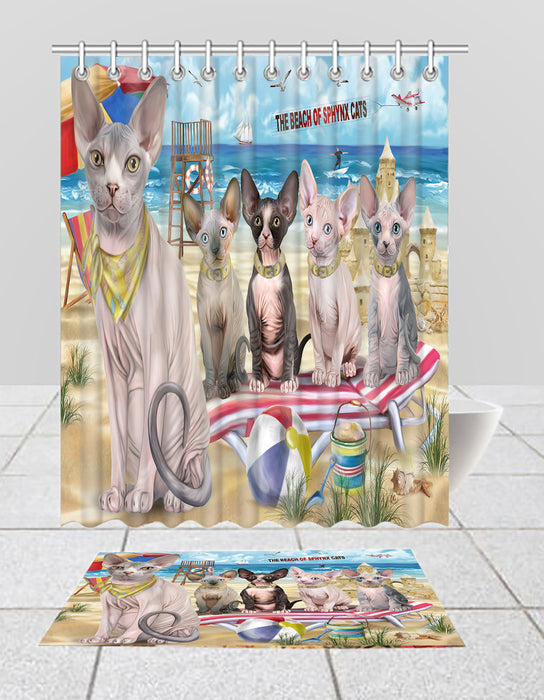 Pet Friendly Beach Sphynx Cats Bath Mat and Shower Curtain Combo