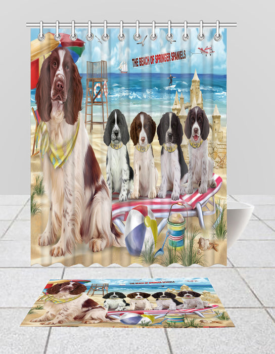 Pet Friendly Beach Springer Spaniel Dogs Bath Mat and Shower Curtain Combo