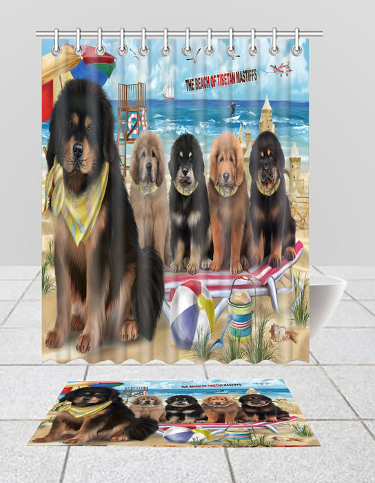 Pet Friendly Beach Tibetan Mastiff Dogs Bath Mat and Shower Curtain Combo