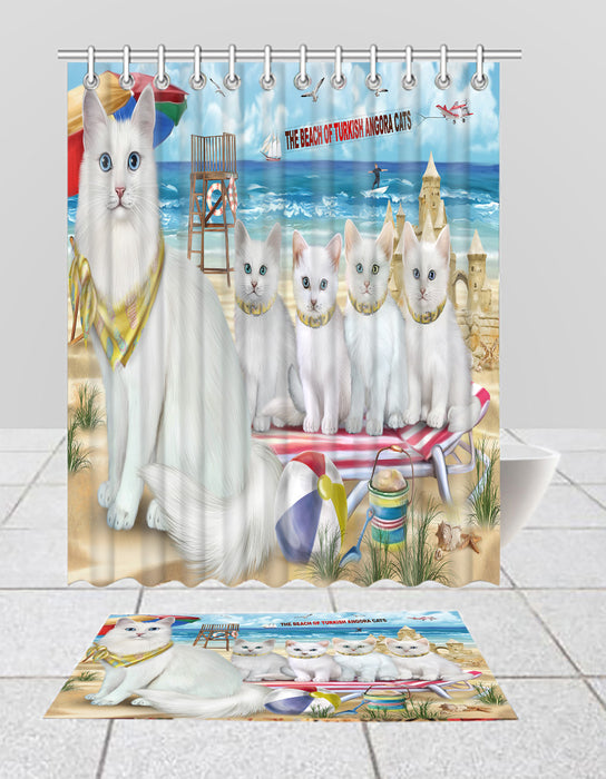 Pet Friendly Beach Turkish Angora Cats Bath Mat and Shower Curtain Combo