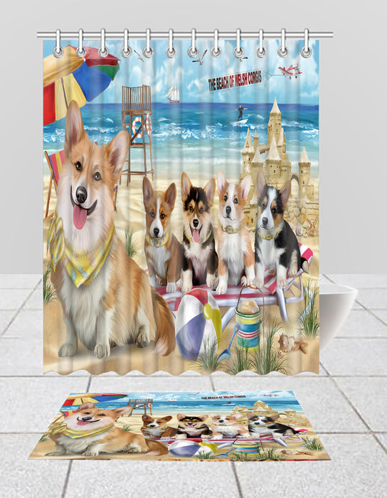 Pet Friendly Beach Welsh Corgi Dogs Bath Mat and Shower Curtain Combo