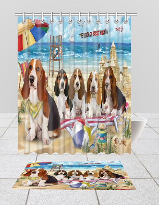 Pet Friendly Beach Basset Hound Dogs Bath Mat and Shower Curtain Combo