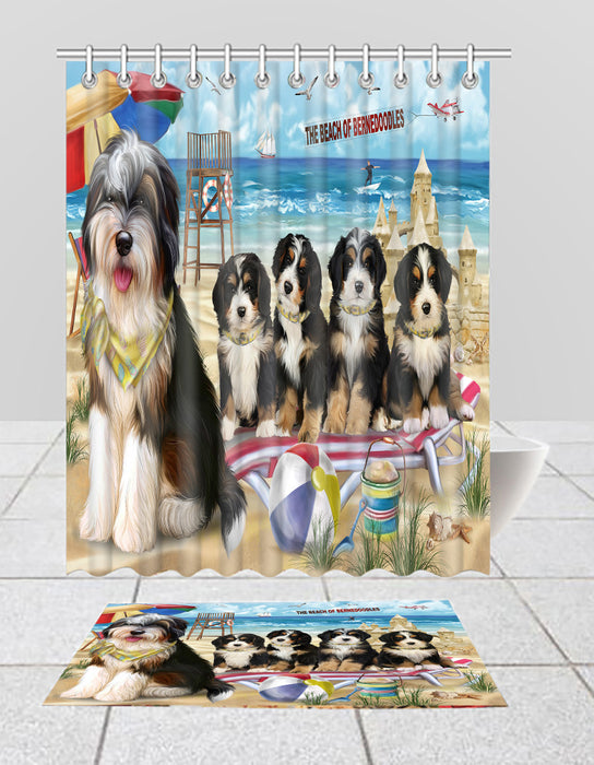 Pet Friendly Beach Bernedoodle Dogs Bath Mat and Shower Curtain Combo