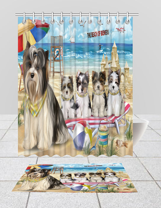 Pet Friendly Beach Biewer Terrier Dogs Bath Mat and Shower Curtain Combo