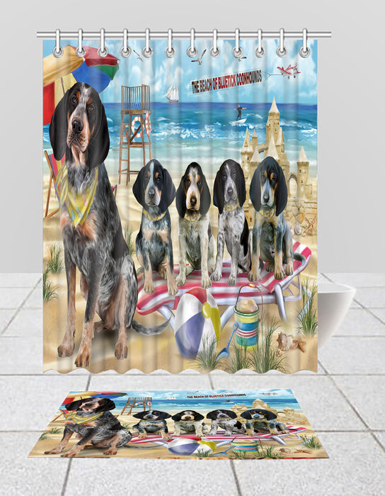 Pet Friendly Beach Bluetick Coonhound Dogs Bath Mat and Shower Curtain Combo