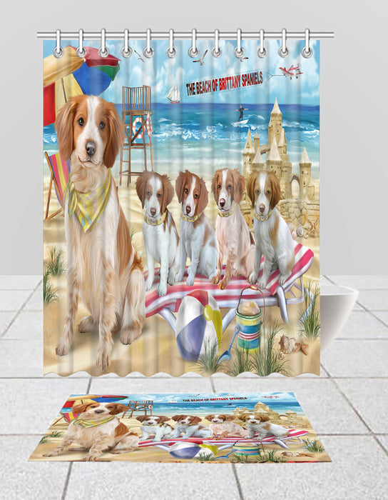 Pet Friendly Beach Brittany Spaniel Dogs Bath Mat and Shower Curtain Combo