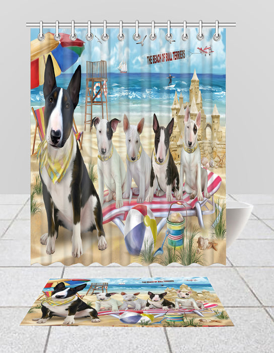 Pet Friendly Beach Bull Terrier Dogs Bath Mat and Shower Curtain Combo