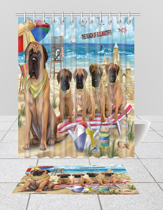 Pet Friendly Beach Bullmastiff Dogs Bath Mat and Shower Curtain Combo