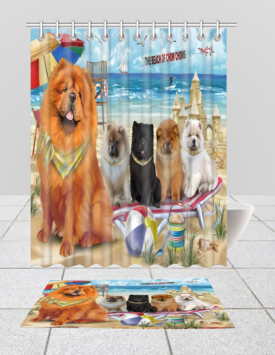 Pet Friendly Beach Chow Chow Dogs Bath Mat and Shower Curtain Combo