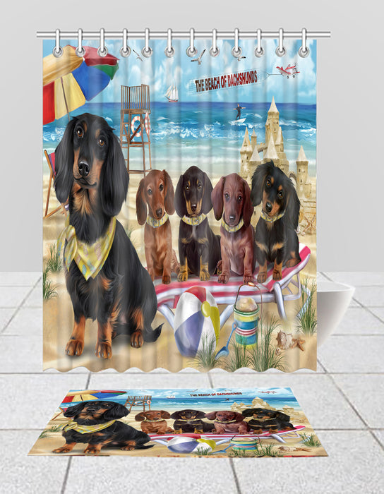 Pet Friendly Beach Dachshund Dogs Bath Mat and Shower Curtain Combo