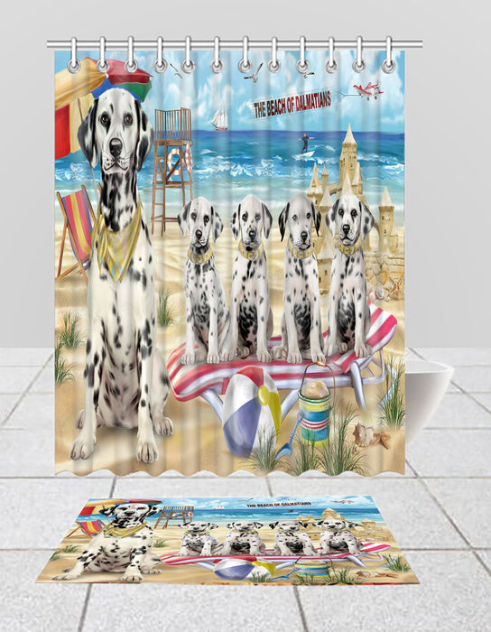 Pet Friendly Beach Dalmatian Dogs Bath Mat and Shower Curtain Combo