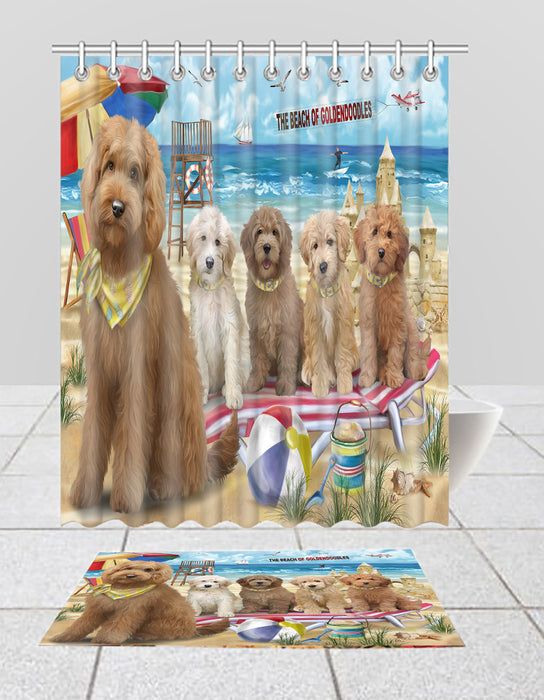 Pet Friendly Beach Goldendoodle Dogs Bath Mat and Shower Curtain Combo