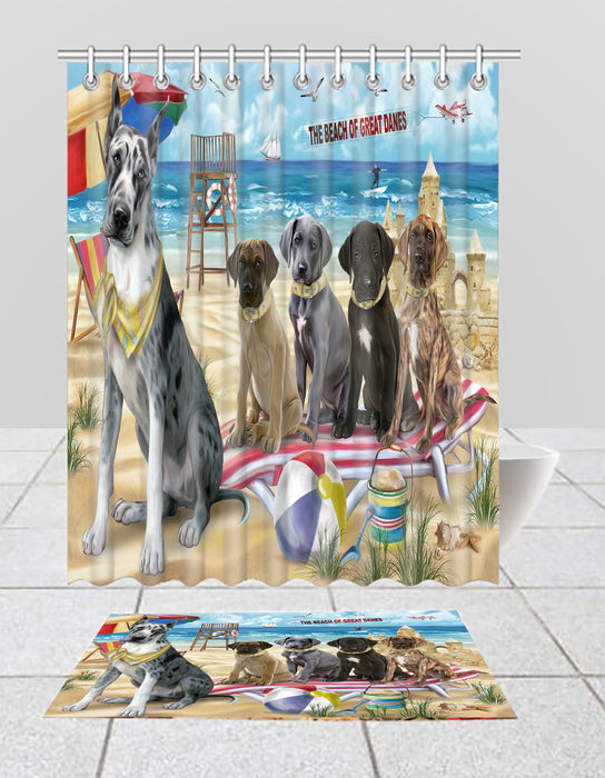 Pet Friendly Beach Great Dane Dogs Bath Mat and Shower Curtain Combo
