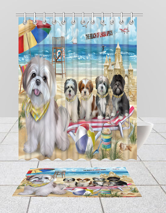 Pet Friendly Beach Lhasa Apso Dogs Bath Mat and Shower Curtain Combo