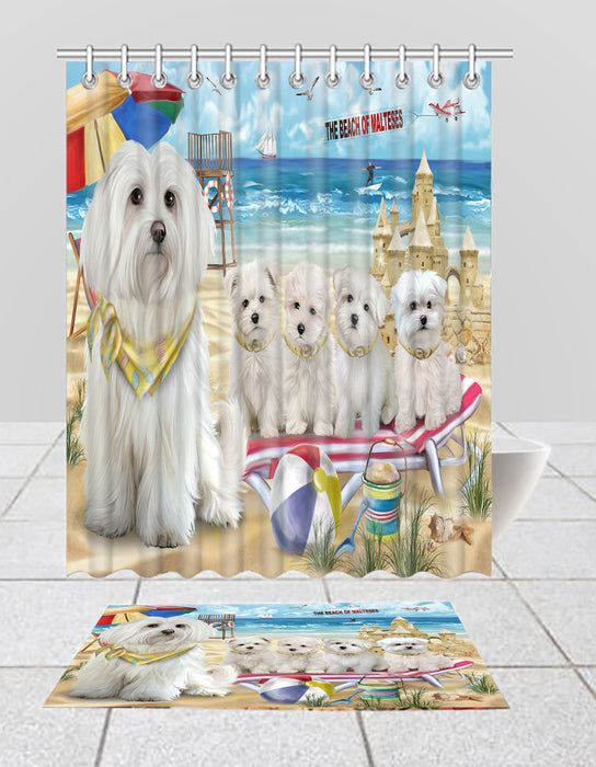 Pet Friendly Beach Maltese Dogs Bath Mat and Shower Curtain Combo