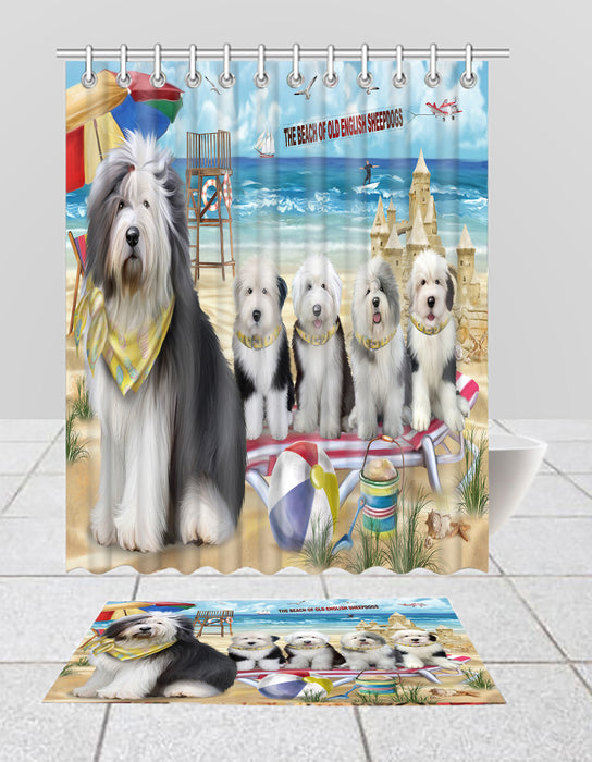 Pet Friendly Beach Old English SheepDogs Bath Mat and Shower Curtain Combo