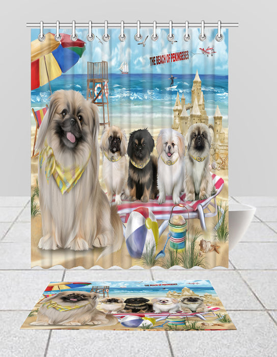 Pet Friendly Beach Pekingese Dogs Bath Mat and Shower Curtain Combo