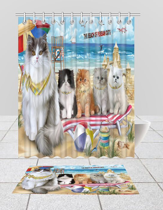 Pet Friendly Beach Persian Cats Bath Mat and Shower Curtain Combo