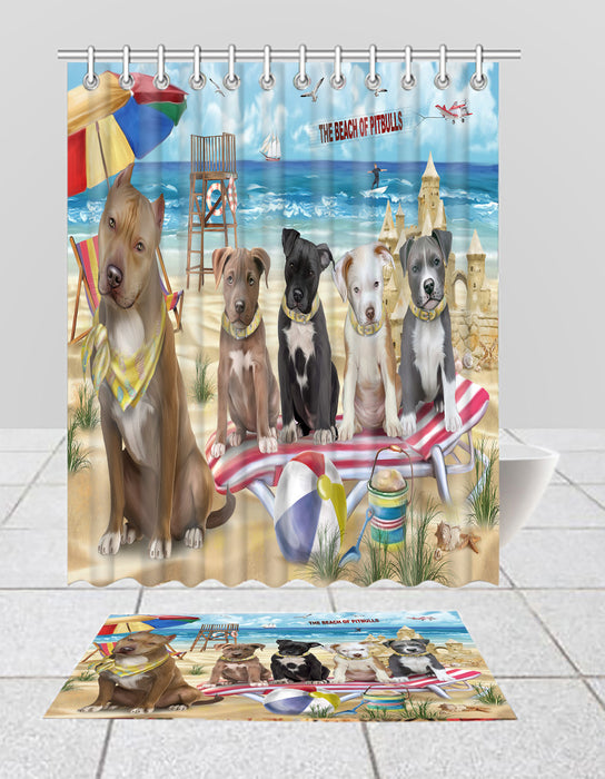 Pet Friendly Beach Pit Bull Dogs Bath Mat and Shower Curtain Combo