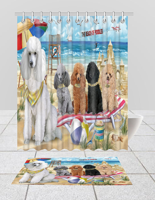 Pet Friendly Beach Poodle Dogs Bath Mat and Shower Curtain Combo