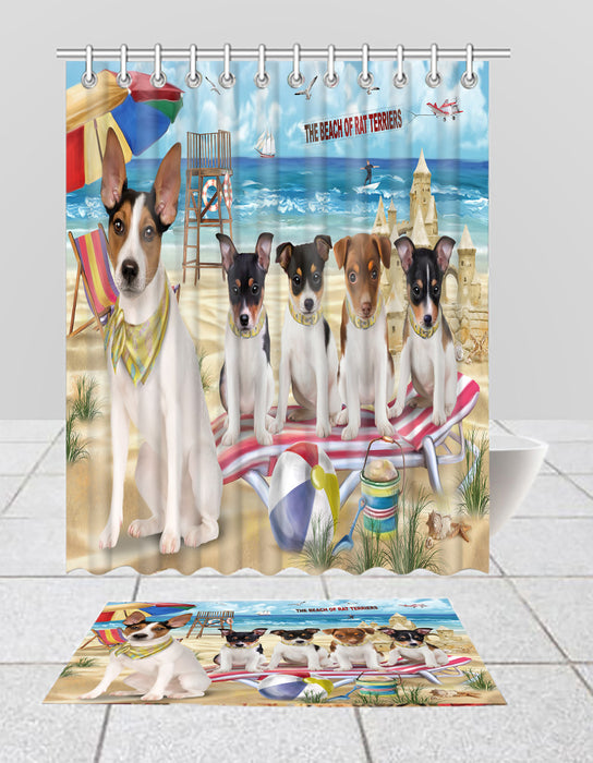Pet Friendly Beach Rat Terrier Dogs Bath Mat and Shower Curtain Combo