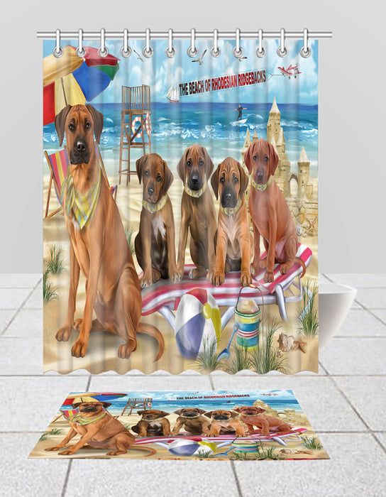 Pet Friendly Beach Rhodesian Ridgeback Dogs Bath Mat and Shower Curtain Combo