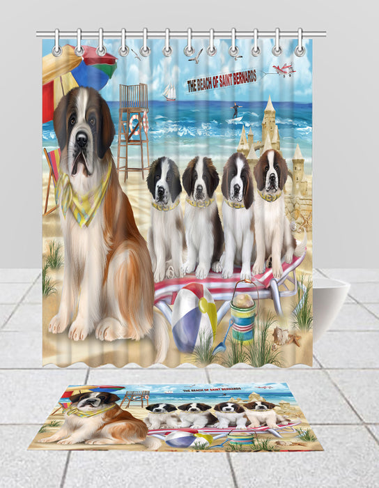 Pet Friendly Beach Saint Bernard Dogs Bath Mat and Shower Curtain Combo