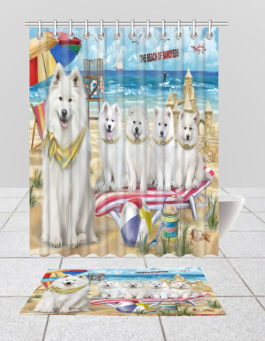 Pet Friendly Beach Samoyed Dogs Bath Mat and Shower Curtain Combo