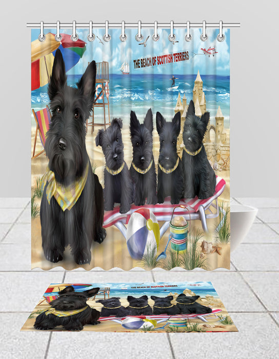 Pet Friendly Beach Scottish Terrier Dogs Bath Mat and Shower Curtain Combo