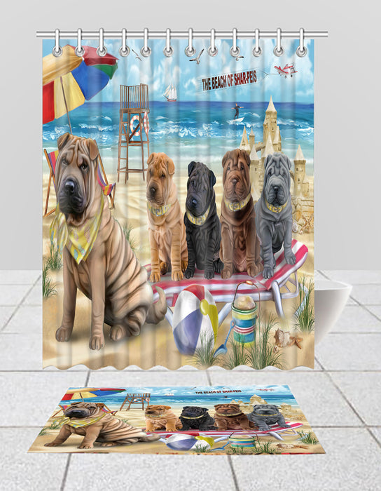 Pet Friendly Beach Shar Pei Dogs Bath Mat and Shower Curtain Combo