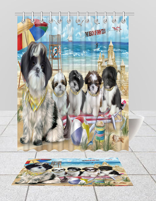 Pet Friendly Beach Shih Tzu Dogs Bath Mat and Shower Curtain Combo