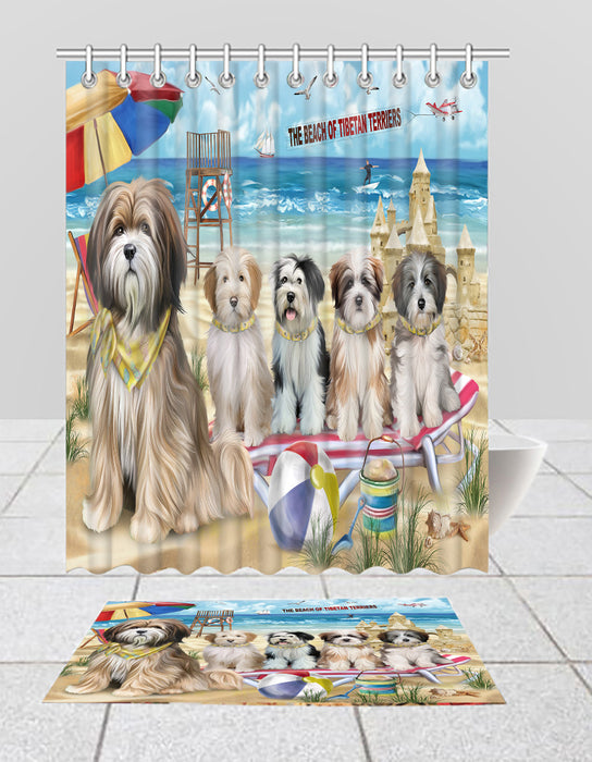 Pet Friendly Beach Tibetan Terrier Dogs Bath Mat and Shower Curtain Combo