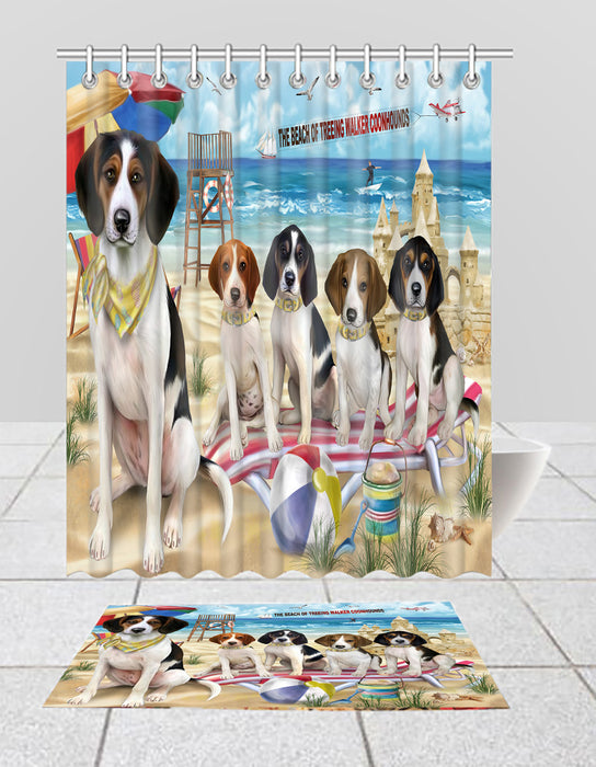 Pet Friendly Beach Treeing Walker Coonhound Dogs Bath Mat and Shower Curtain Combo
