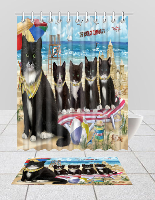 Pet Friendly Beach Tuxedo Cats Bath Mat and Shower Curtain Combo