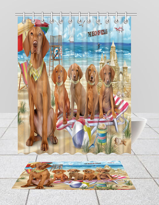 Pet Friendly Beach Vizsla Dogs Bath Mat and Shower Curtain Combo