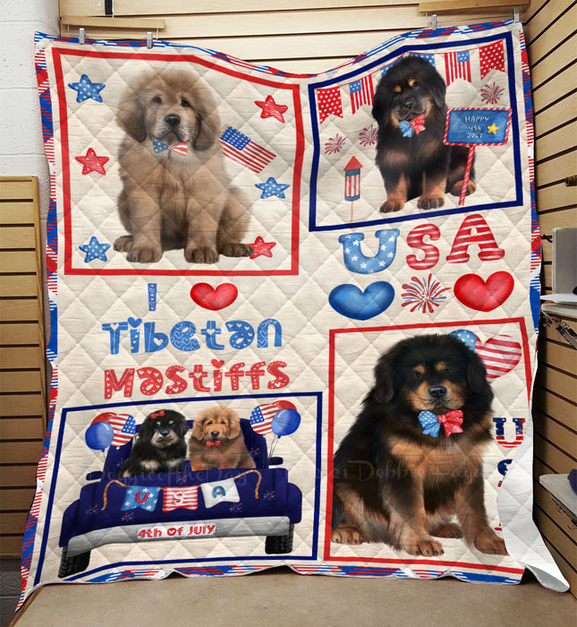 4th of July Independence Day I Love USA Tibetan Mastiff Dogs Quilt Bed Coverlet Bedspread - Pets Comforter Unique One-side Animal Printing - Soft Lightweight Durable Washable Polyester Quilt