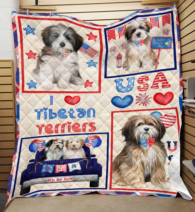 4th of July Independence Day I Love USA Tibetan Terrier Dogs Quilt Bed Coverlet Bedspread - Pets Comforter Unique One-side Animal Printing - Soft Lightweight Durable Washable Polyester Quilt