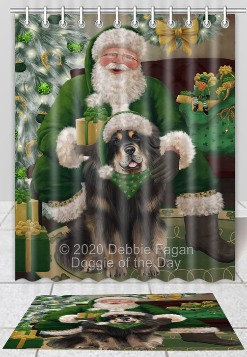Christmas Irish Santa with Gift Tibetan Mastiff Dog Bath Mat and Shower Curtain Combo