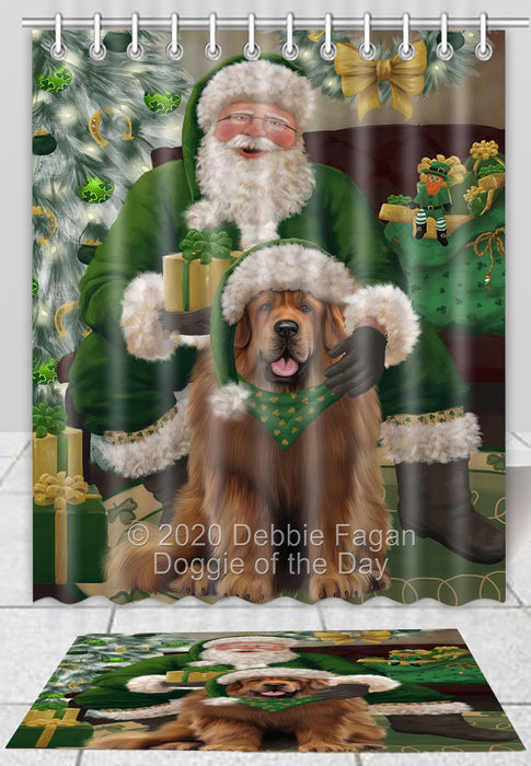 Christmas Irish Santa with Gift Tibetan Mastiff Dog Bath Mat and Shower Curtain Combo