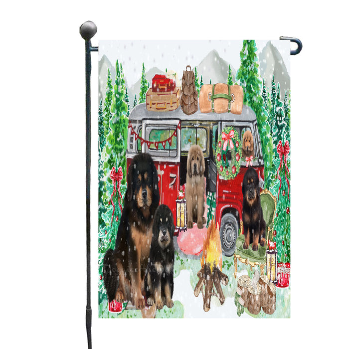 Christmas Time Camping with Tibetan Mastiff Dogs Garden Flags- Outdoor Double Sided Garden Yard Porch Lawn Spring Decorative Vertical Home Flags 12 1/2"w x 18"h