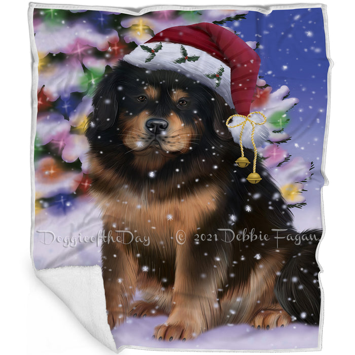 Winterland Wonderland Tibetan Mastiff Dog In Christmas Holiday Scenic Background Blanket BLNKT121062